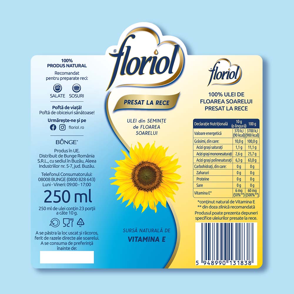 design de ambalaj, directie artistica, DTP, design de eticheta, design de cutie pentru brand-ul Floriol Ulei presat la rece