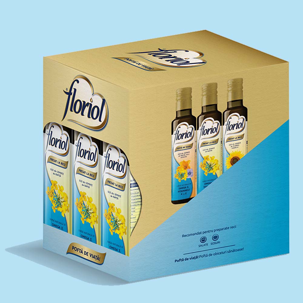 design de ambalaj, directie artistica, DTP, design de eticheta, design de cutie pentru brand-ul Floriol Ulei presat la rece